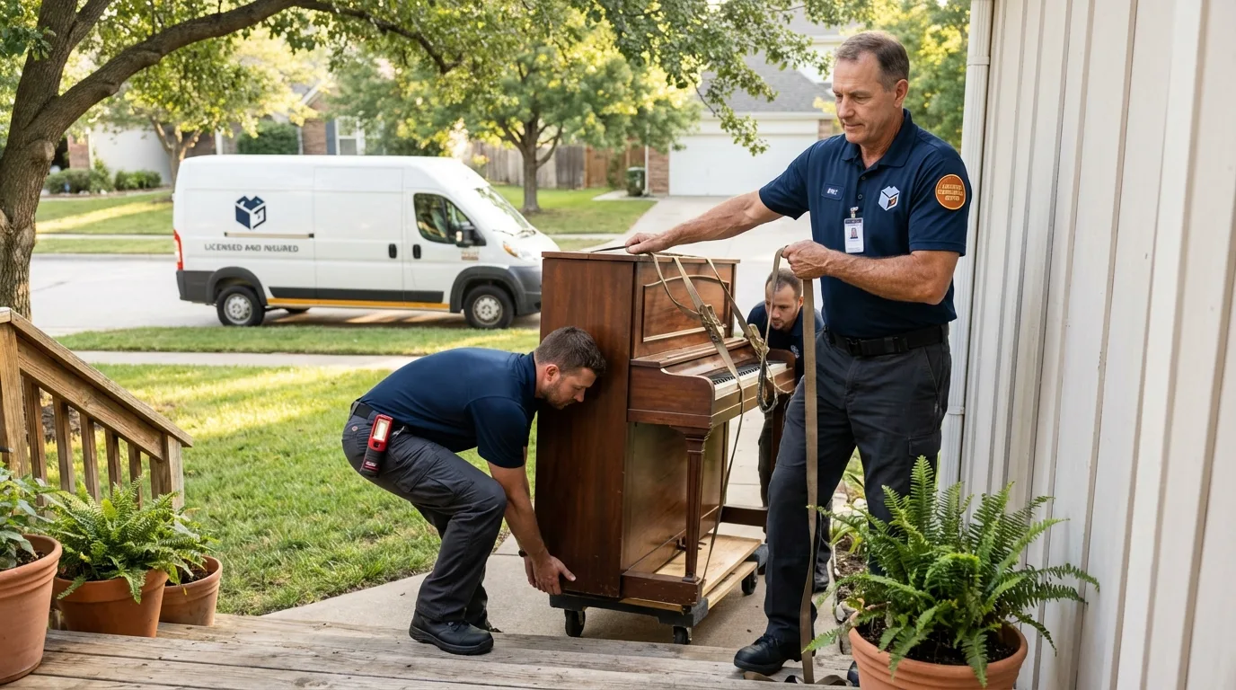 Licensed piano movers securing grand piano in Portage, MI