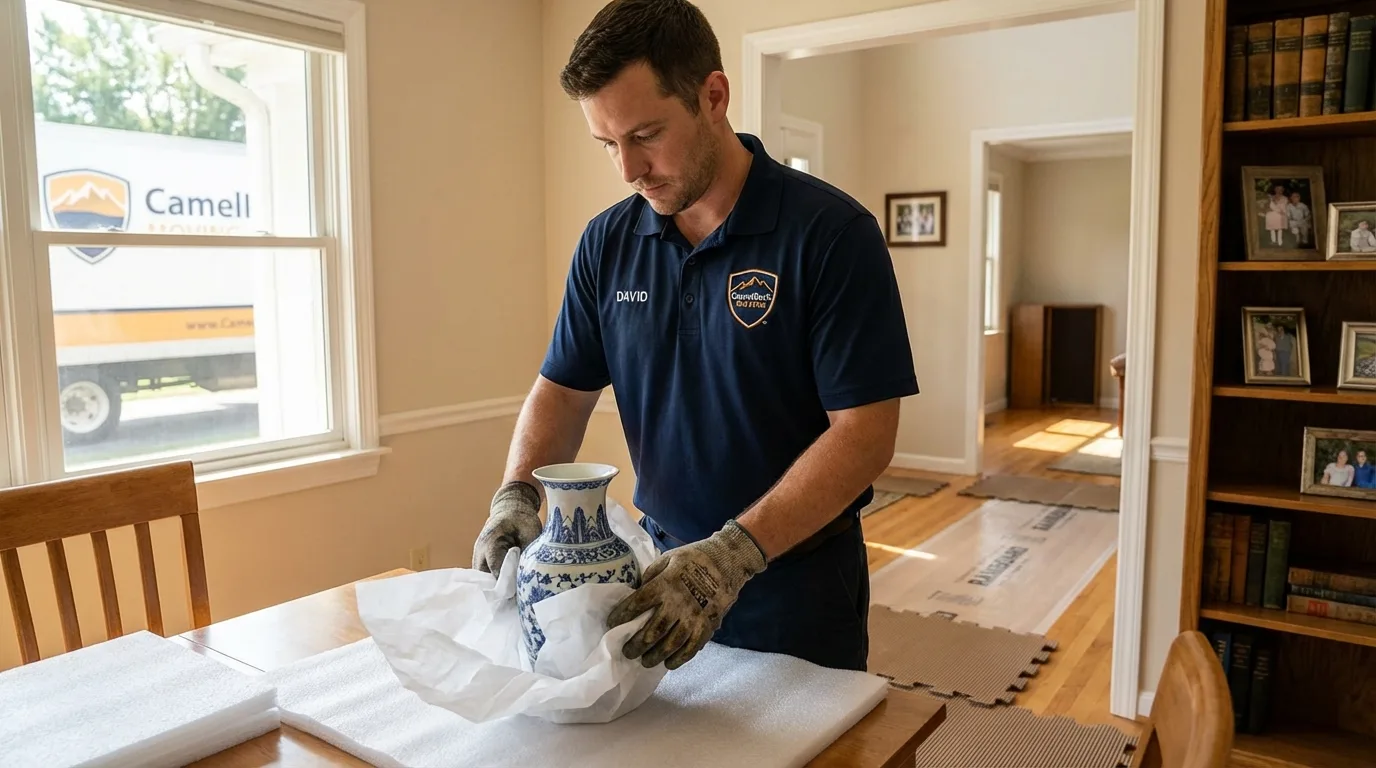 Professional crew carefully wrapping antique vase for senior downsizing move in Portage, MI
